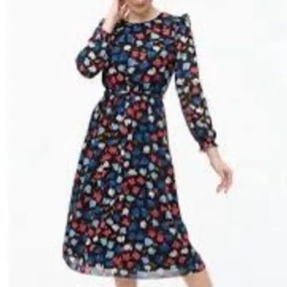 J. Crew Womens Size 8 Crinkle Ruffle Tiered Midi Dress Black Dark Floral Modest - Picture 1 of 11
